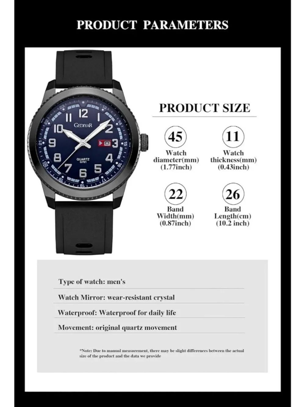 Men's Black And Blue Analog Quartz Waterproof Silicone Band Luminous Wrist Watch
